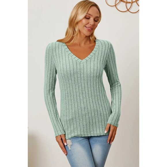 Basic Bae Full Size Ribbed V-Neck Long Sleeve T-Shirt - Picture 4 of 11